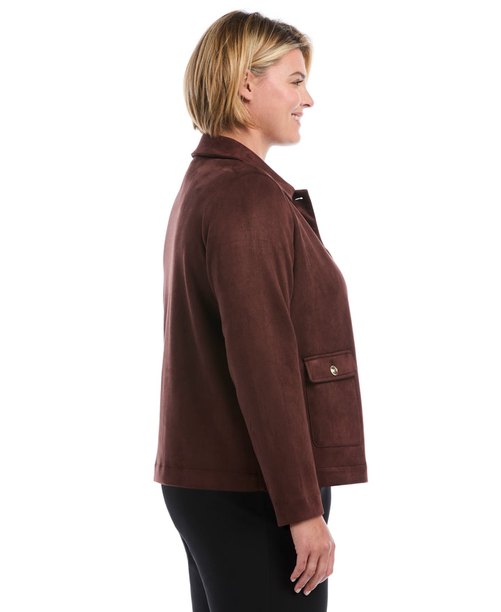 Plus Size Patch Pocket Scuba Suede Jacket (Brown Stone) 