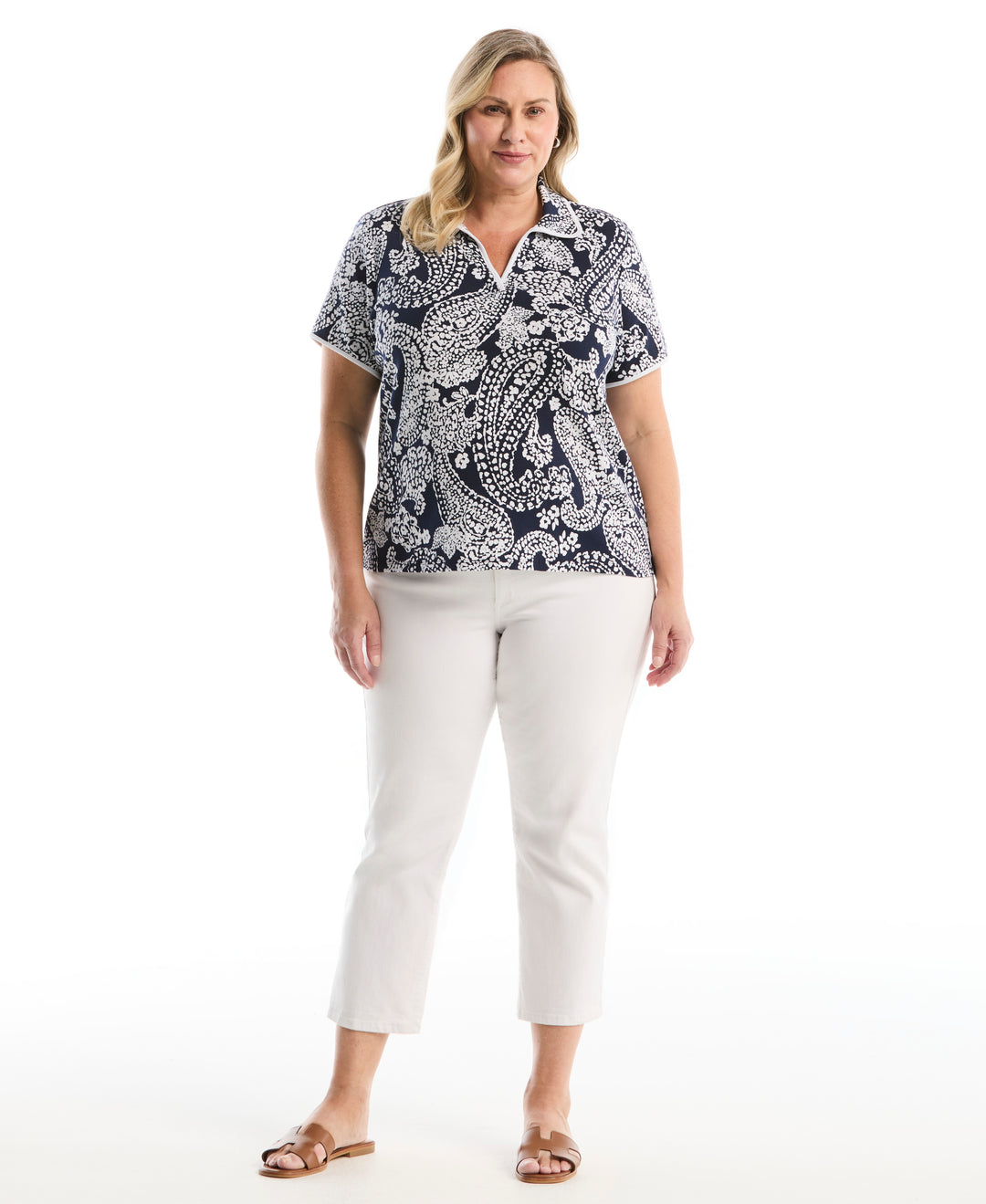 Plus Size Paisley Print Contrast Trim Johnny Collar Polo (Peacoat) 