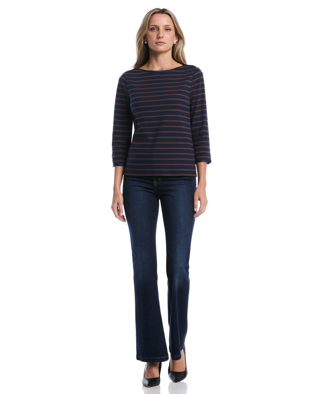 Striped Button Detail Boat Neck Top (Black Iris) 