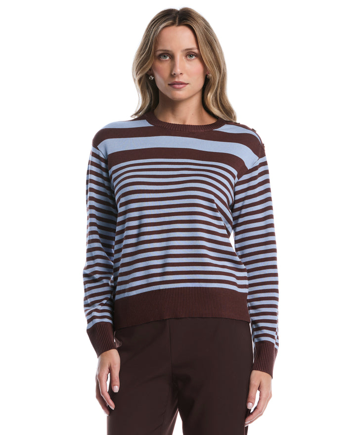 Petite Striped Rib Trim Crewneck Sweater (Blue Blizzard) 