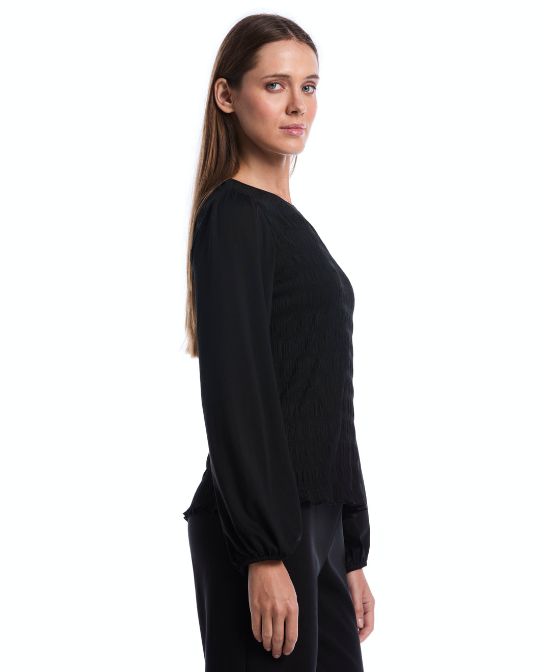 Petite Puff Sleeve Crew Neck Top (Black) 