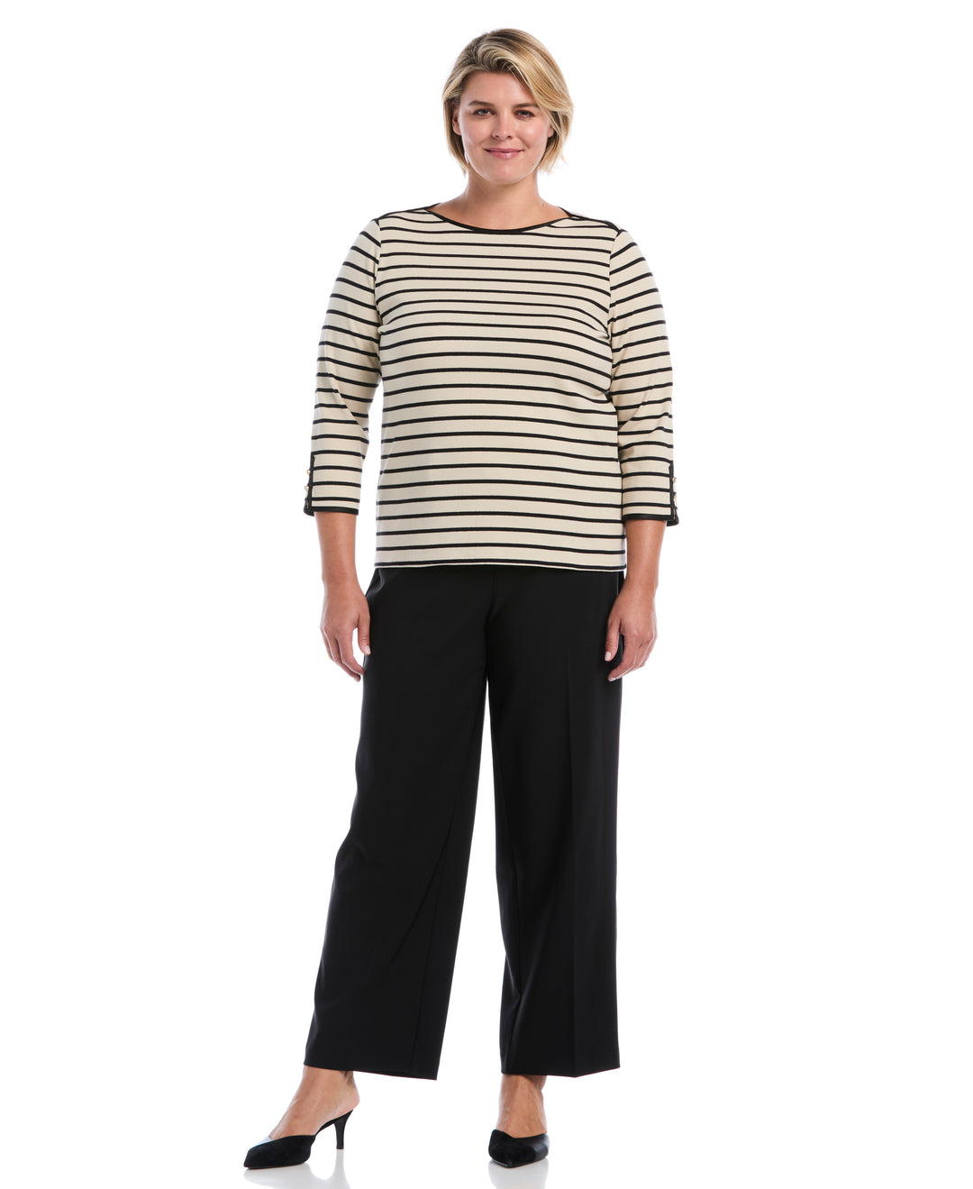 Plus Size Striped Button Detail Boat Neck Top (Oatmeal) 