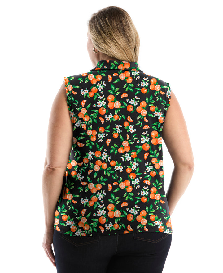 Plus Size Orange Print Ruffle Trim Polo (Nectarine) 