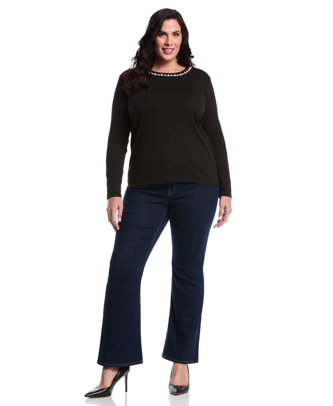 Plus Size Embellished Neck Top (Black) 