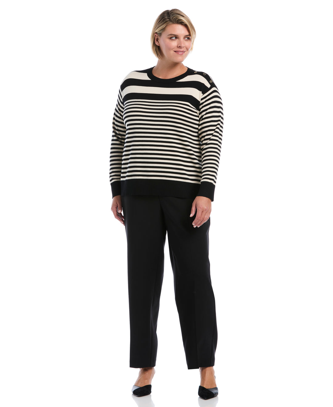 Plus Size Striped Rib Trim Crewneck Sweater (Black) 