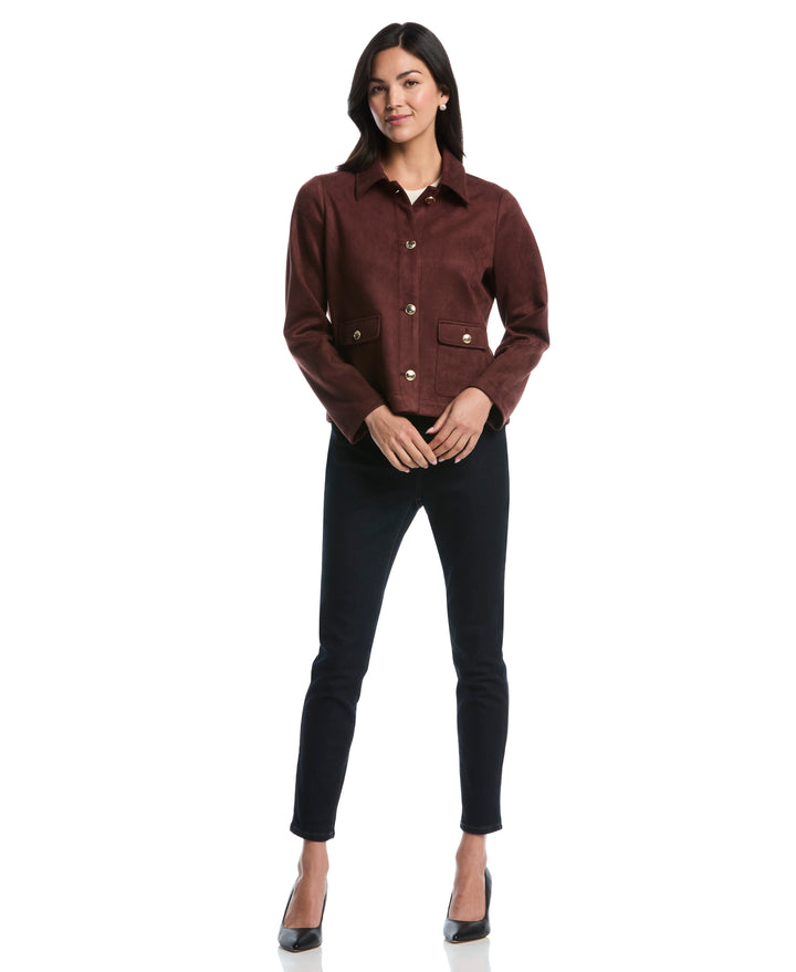 Petite Collarless Patch Pocket Scuba Suede Jacket (Brown Stone) 
