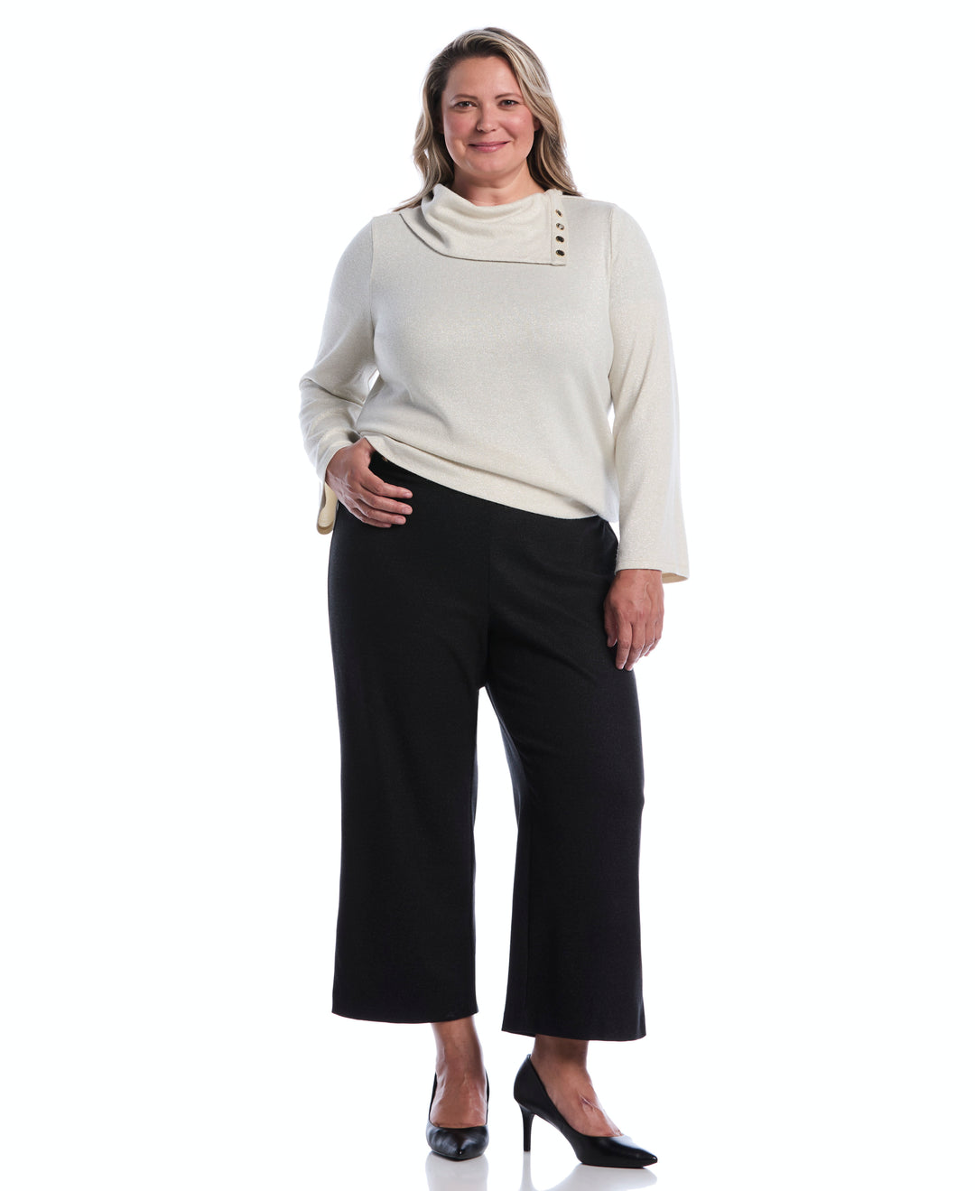 Plus Size Cowl Neck Lurex Top (White Swan) 