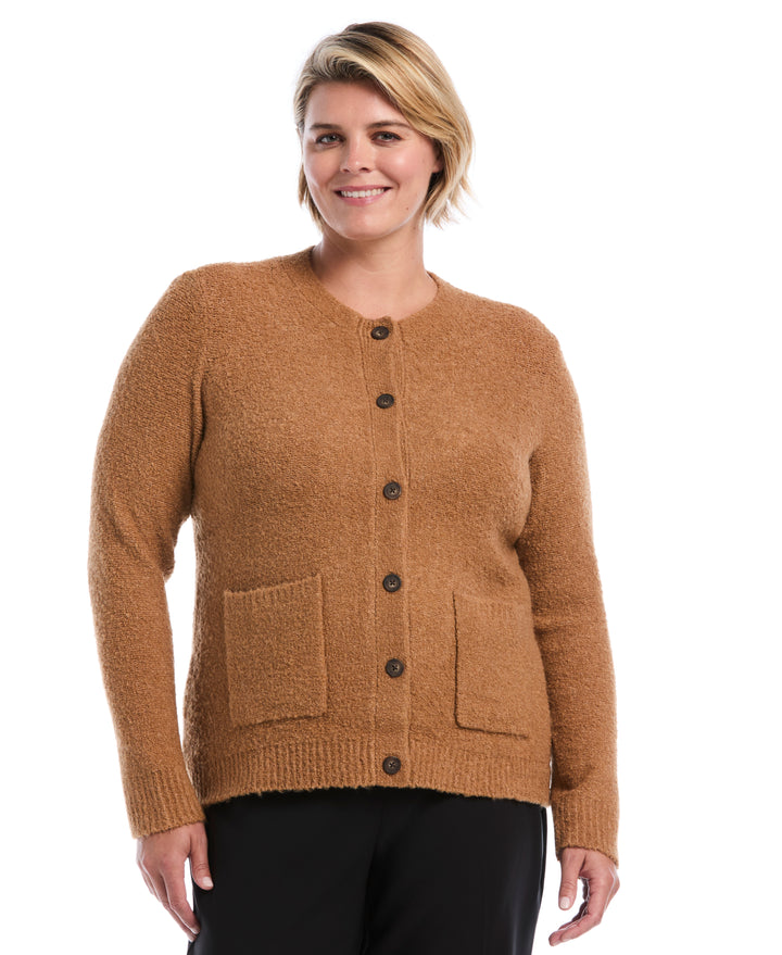Plus Size Teddy Boucle Patch Pocket Cardigan (Tobacco Brown) 