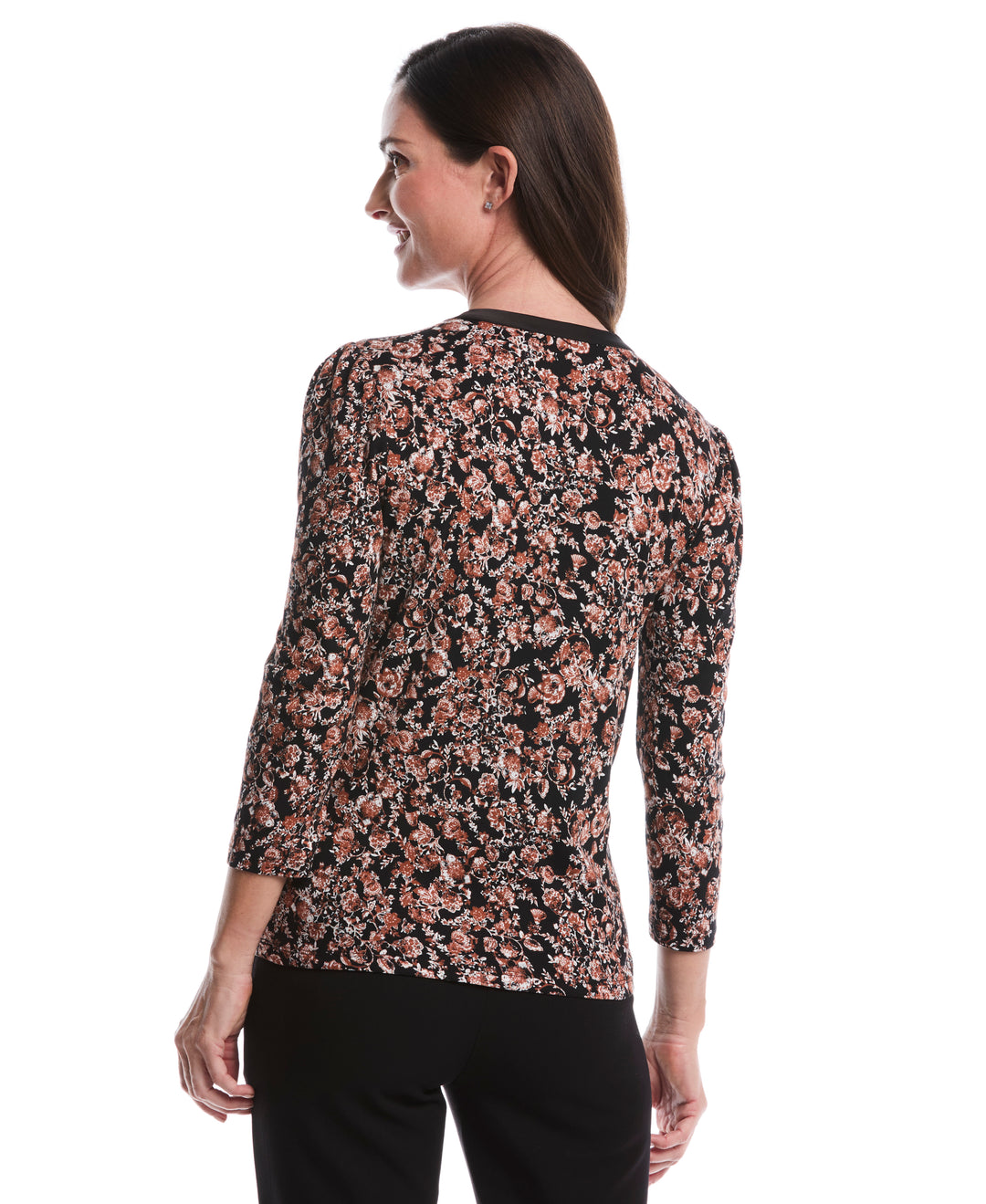 Floral Print 3/4 Puff Sleeve V-Neck Top (Black) 