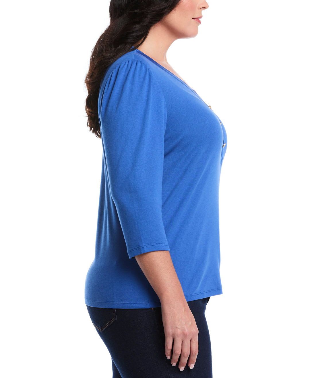 Plus Size 3/4 Puff Sleeve V-Neck Top (Nautical Blue) 