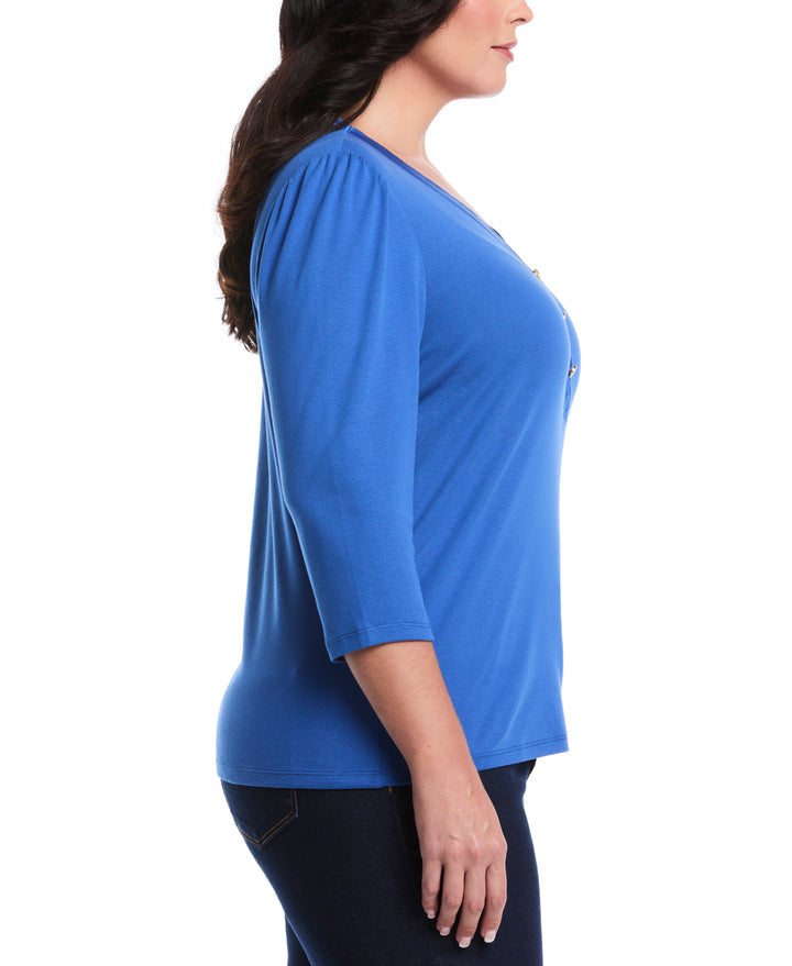 Plus Size 3/4 Puff Sleeve V-Neck Top (Nautical Blue) 