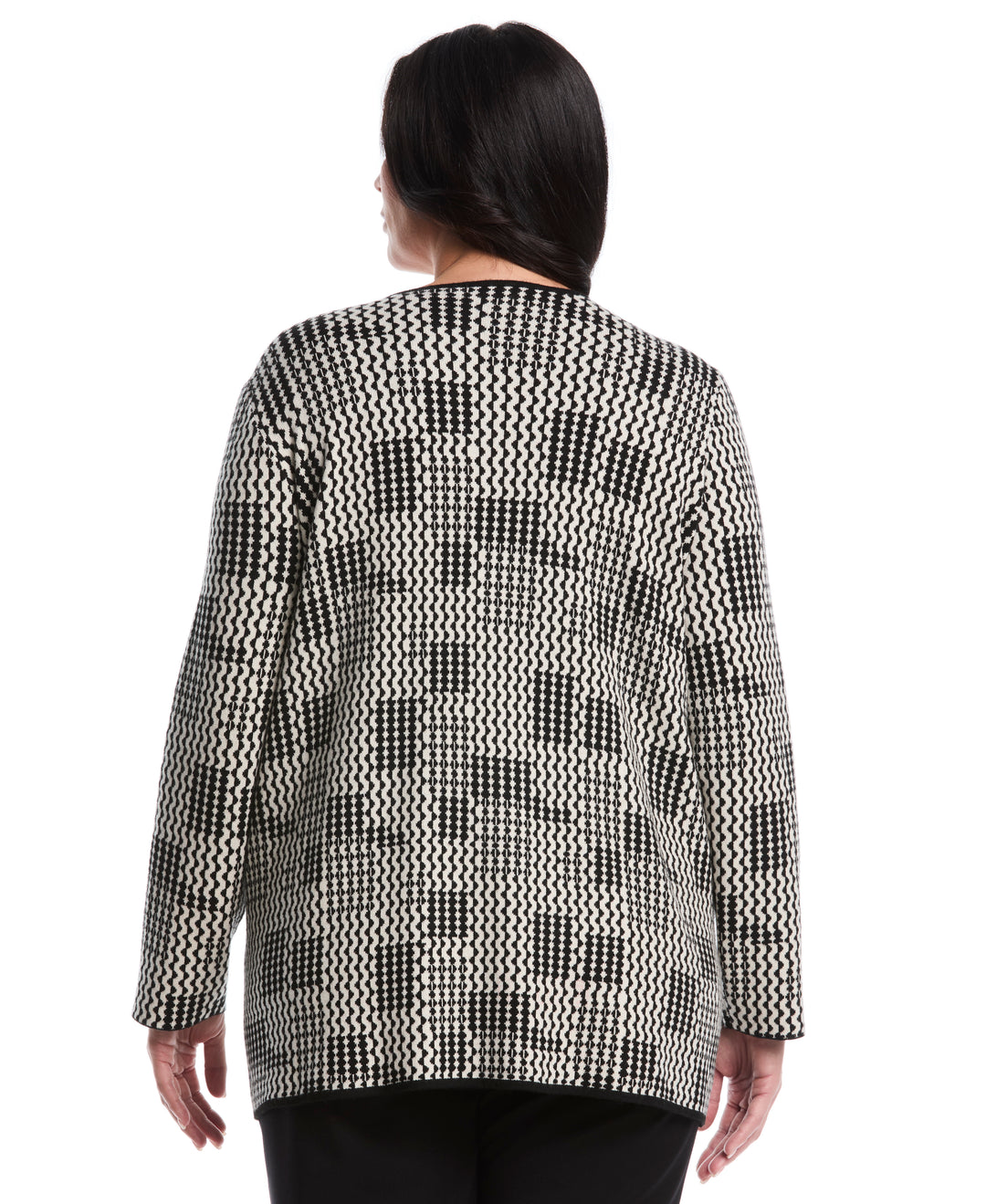 Plus Size Geo Patch Pocket Open Cardigan (Ecru) 
