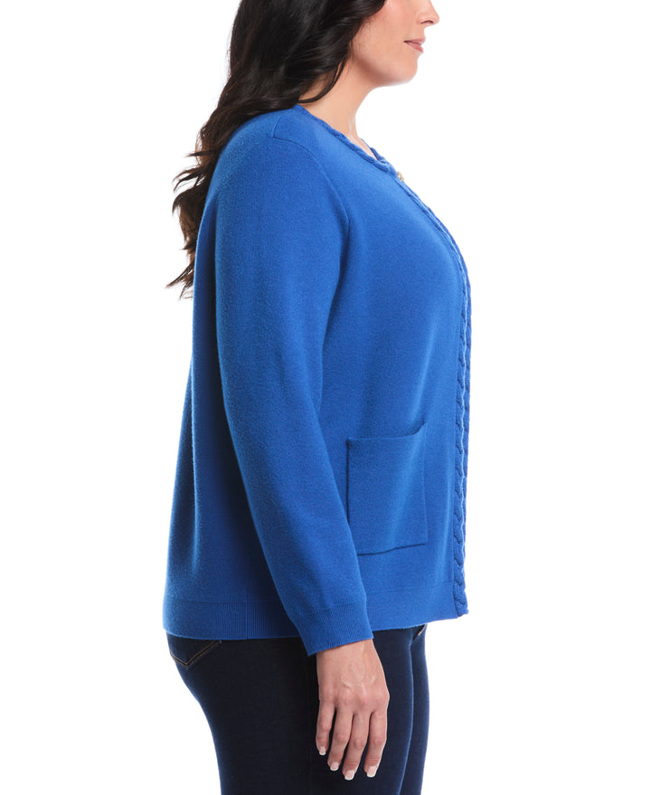 Plus Size Cable Knit Trim Cardigan (Nautical Blue) 