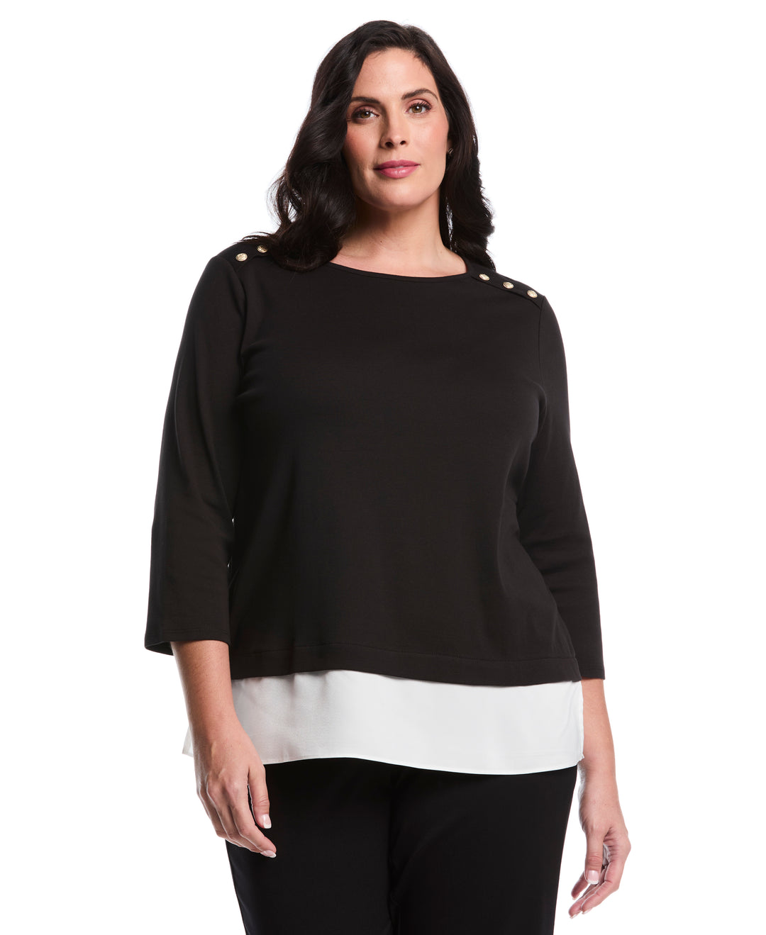 Plus Size Rivet Detail Mixed Media Layered Top (Black) 