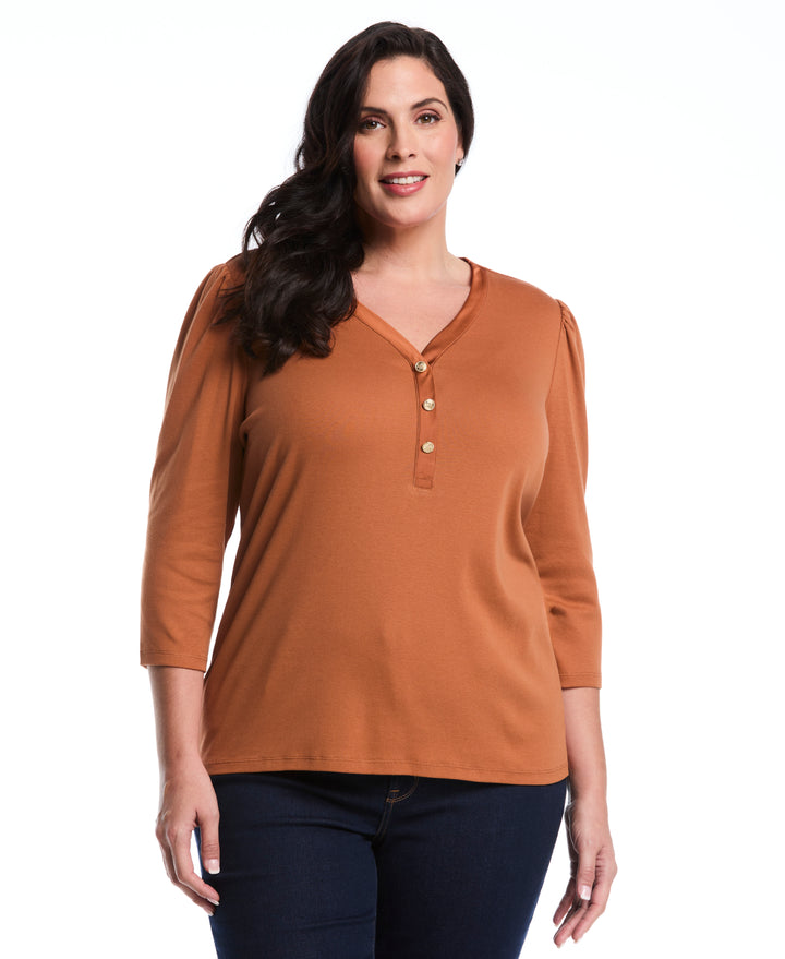 Plus Size 3/4 Puff Sleeve V-Neck Top (Mocha Bisque) 