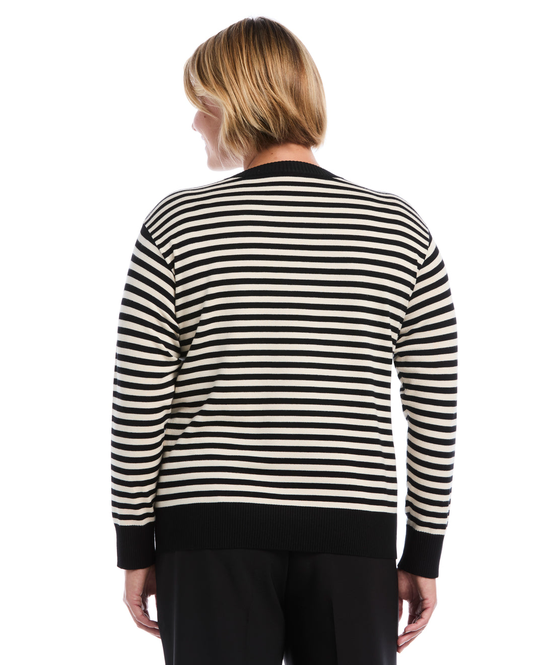 Plus Size Striped Rib Trim Crewneck Sweater (Black) 
