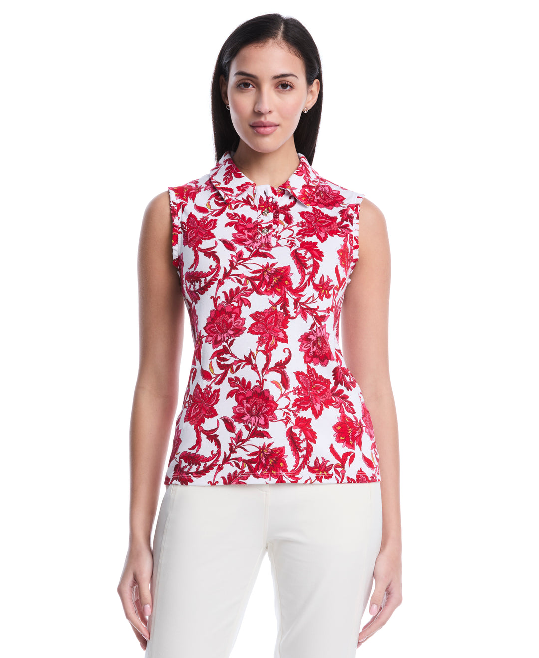 Botanical Print Ruffle Trim Polo (Raspberry) 