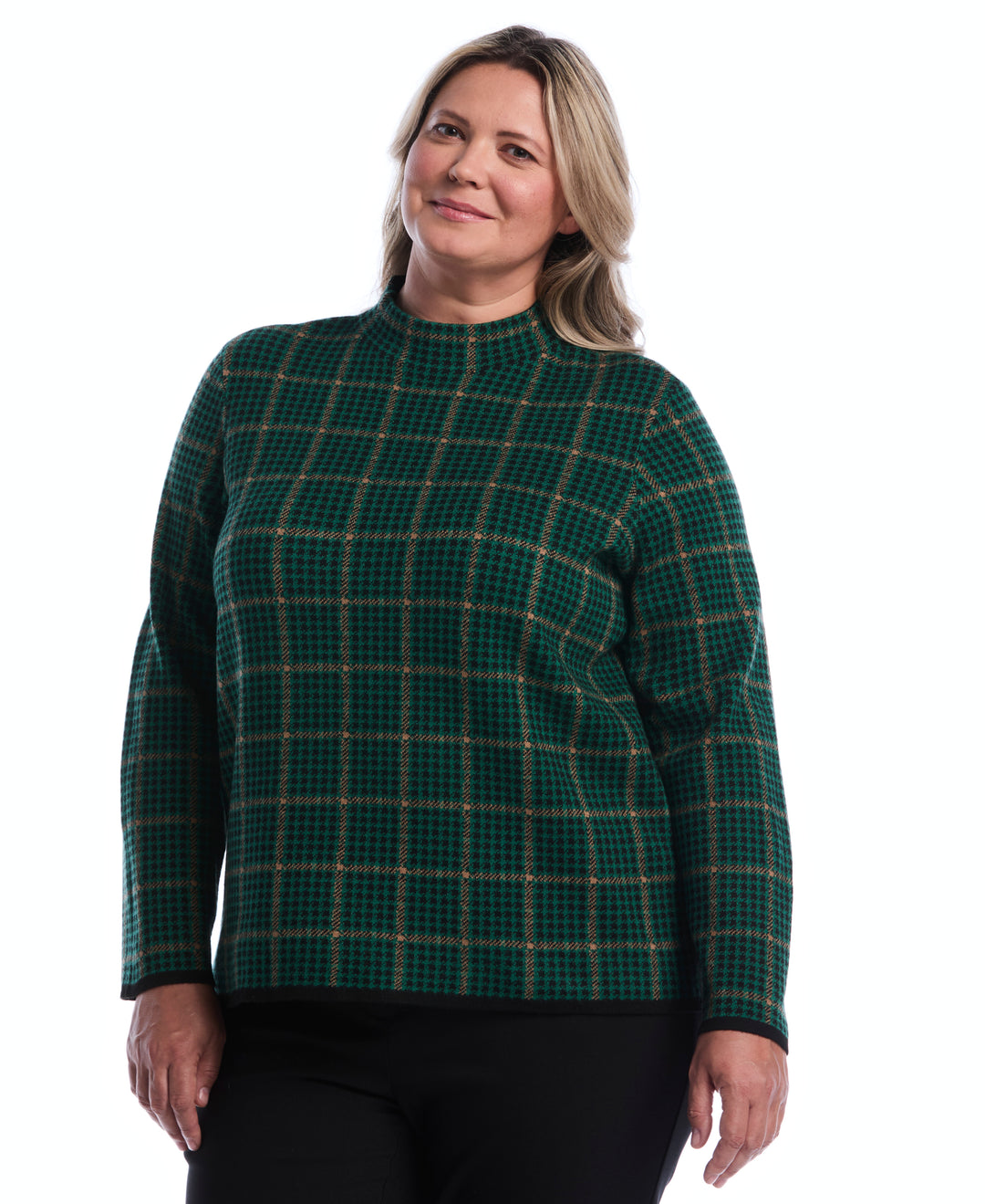 Plus Size Plaid Print Mock Neck Sweater (Ultramarine Green) 