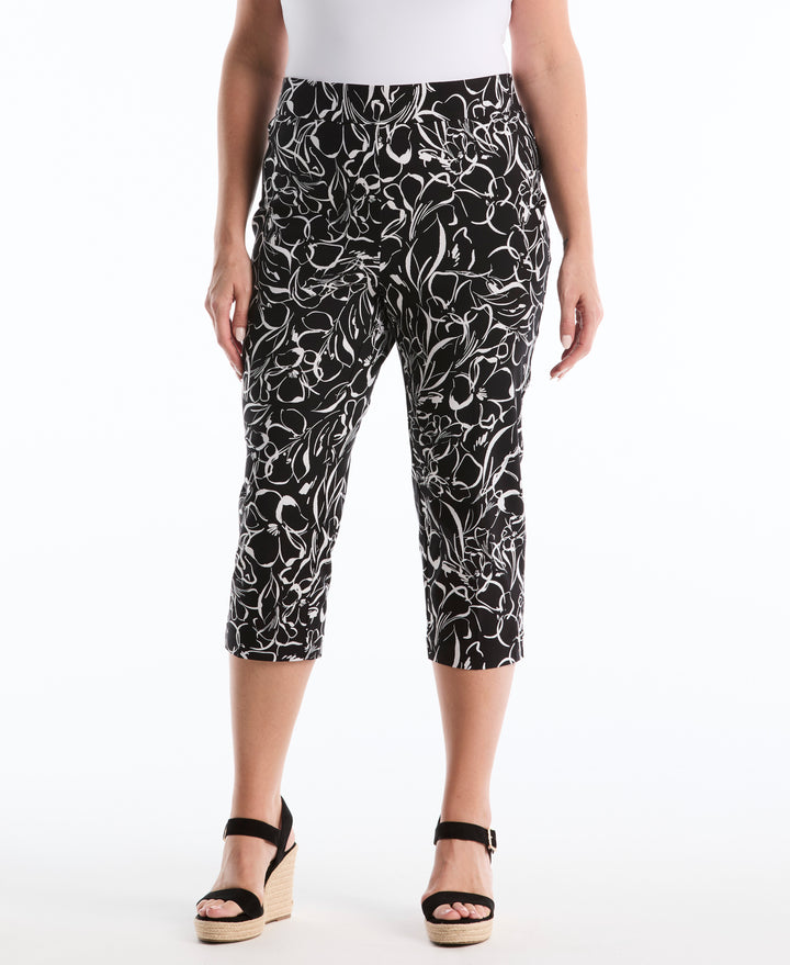 Plus Size Hibiscus Print Capri with Riveted Vent (White) 