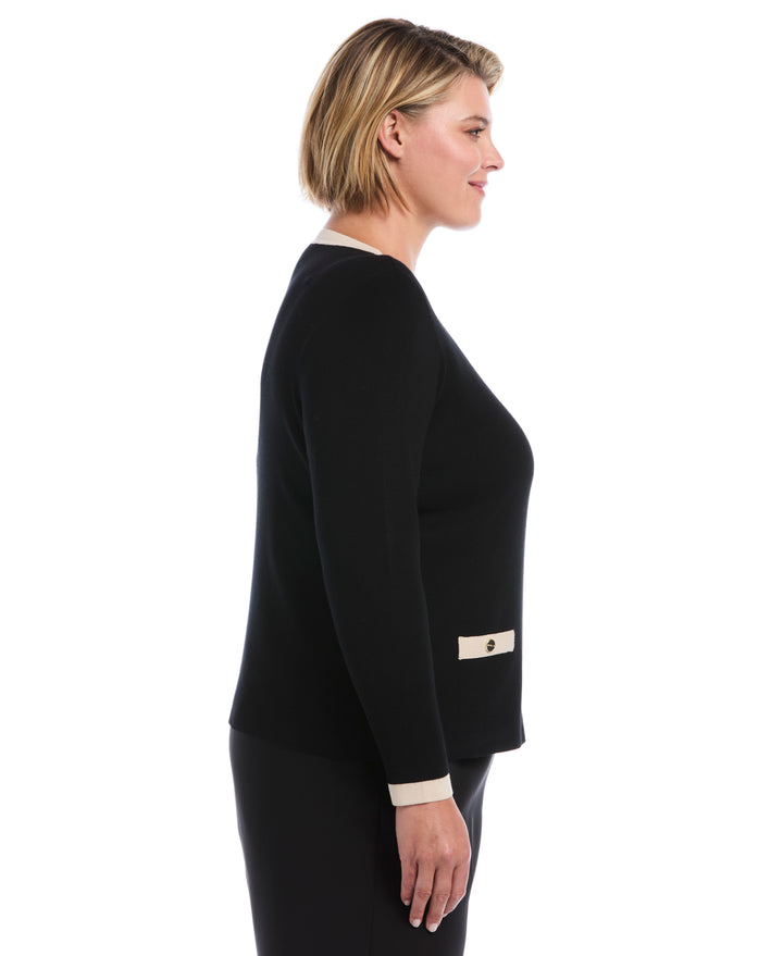 Plus Size Color Block Zip Up Cardigan Sweater (Black) 