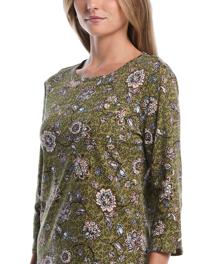 Petite Floral Print Button Trim Top (Dried Herb) 