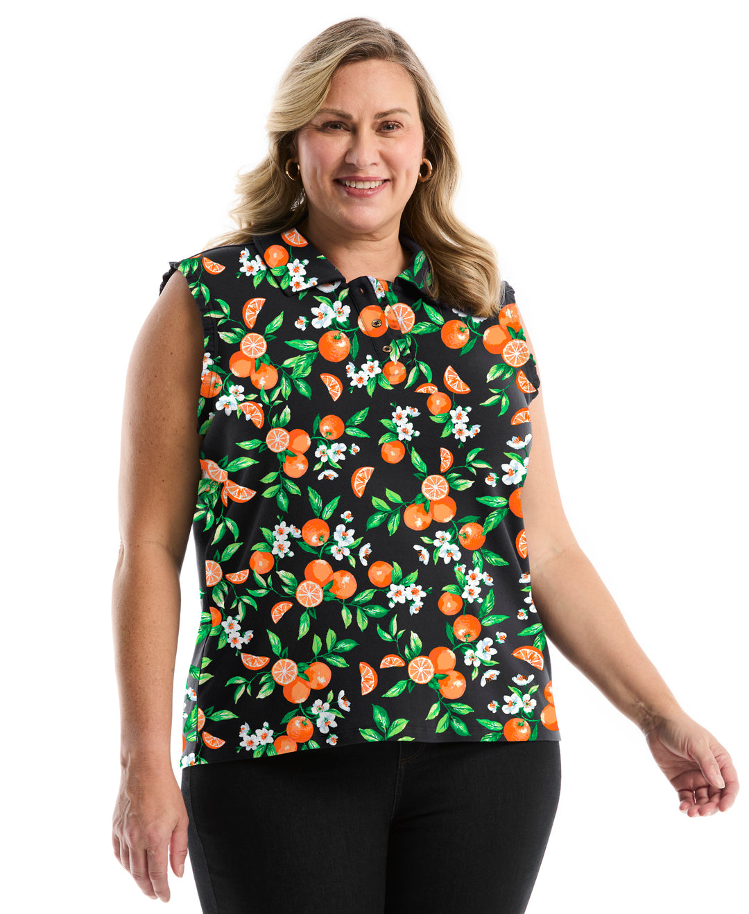 Plus Size Orange Print Ruffle Trim Polo (Nectarine) 