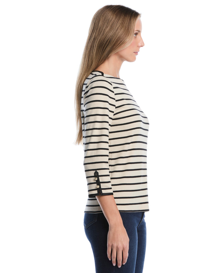 Striped Button Detail Boat Neck Top (Oatmeal) 