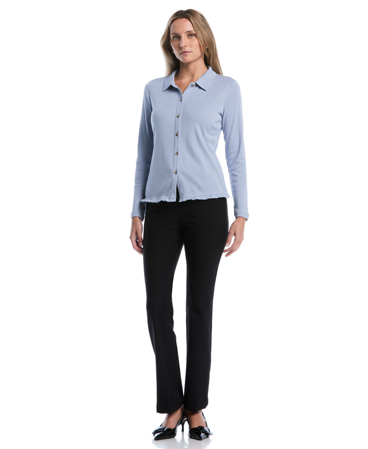 Petite Ruffle Trim Button-Up Top (Blue Blizzard) 