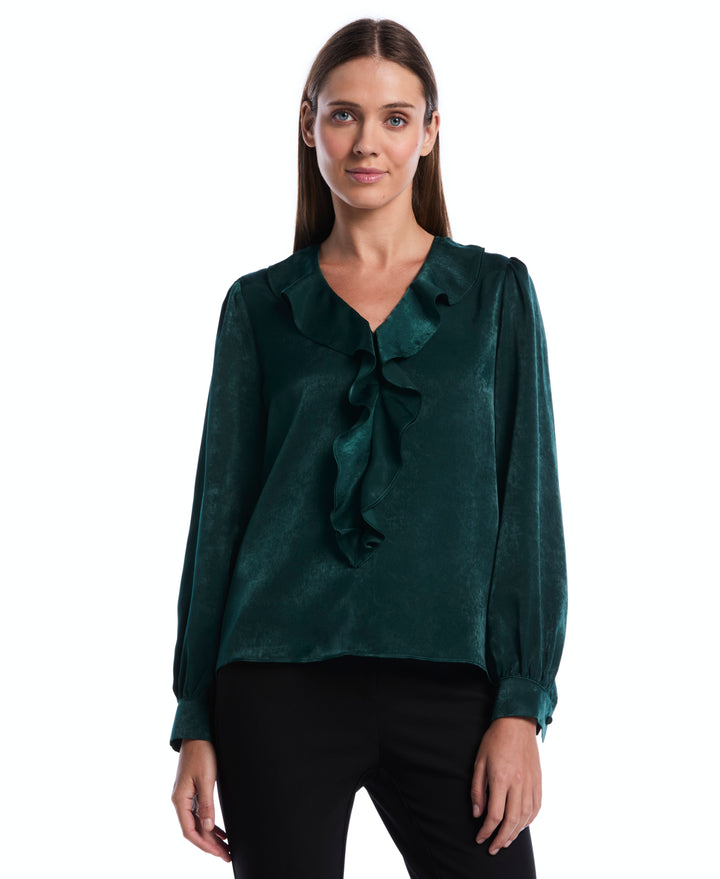 Petite Ruffle V-Neck Blouse (Ponderosa Pine) 