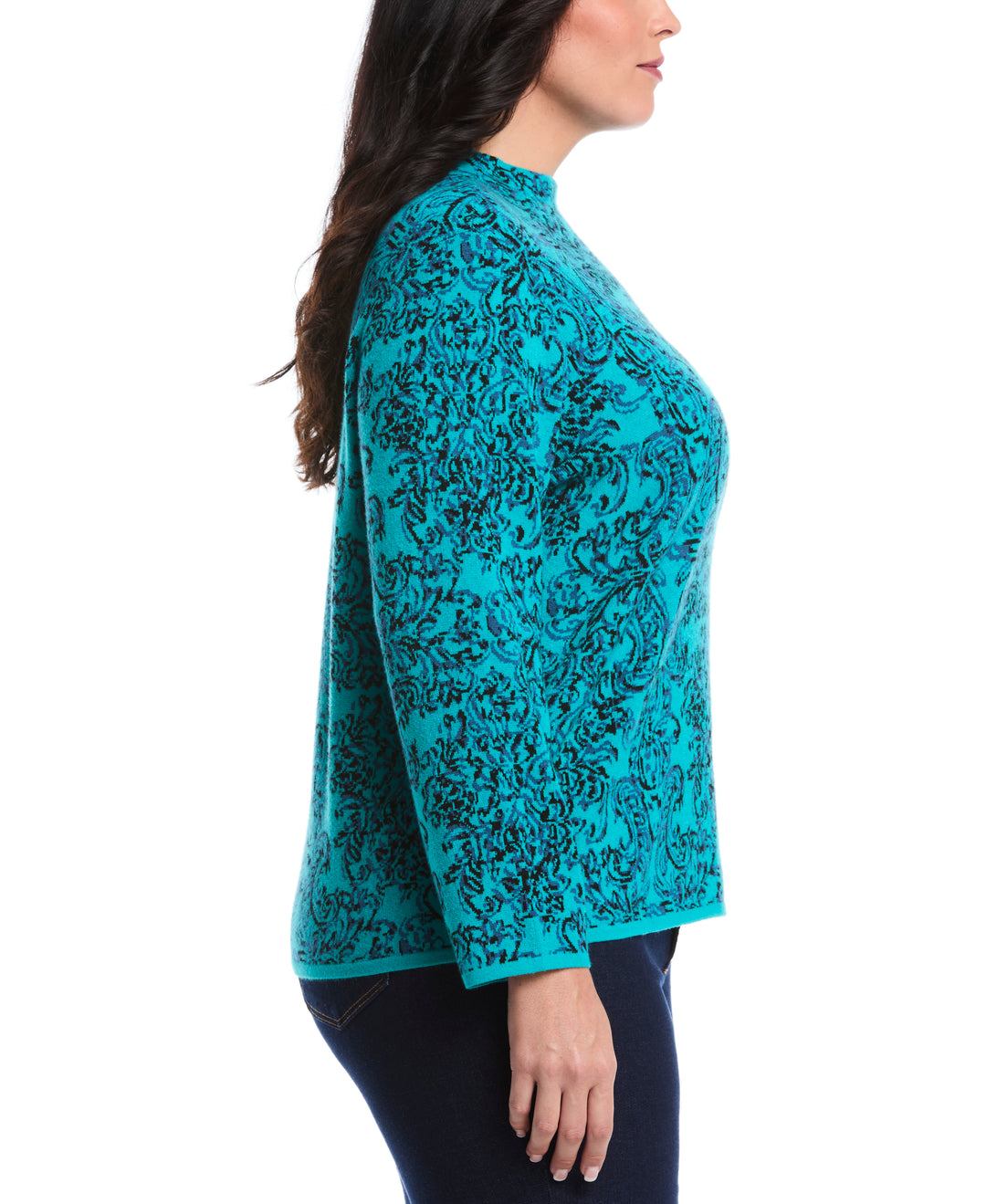 Plus Size Floral Paisley Print Mock Neck Sweater (Tropical Green) 