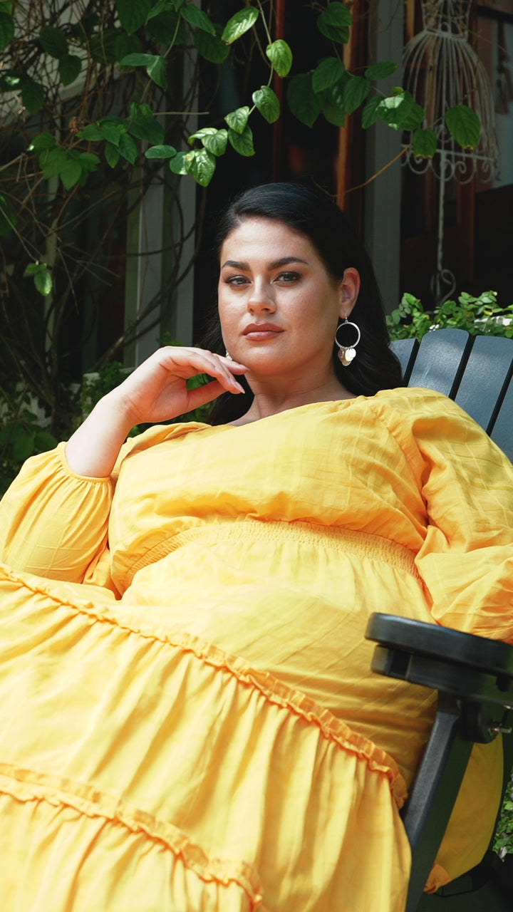 Plus Size 100% Cotton Square Neck Puff Sleeve Dress (Amber Yellow)