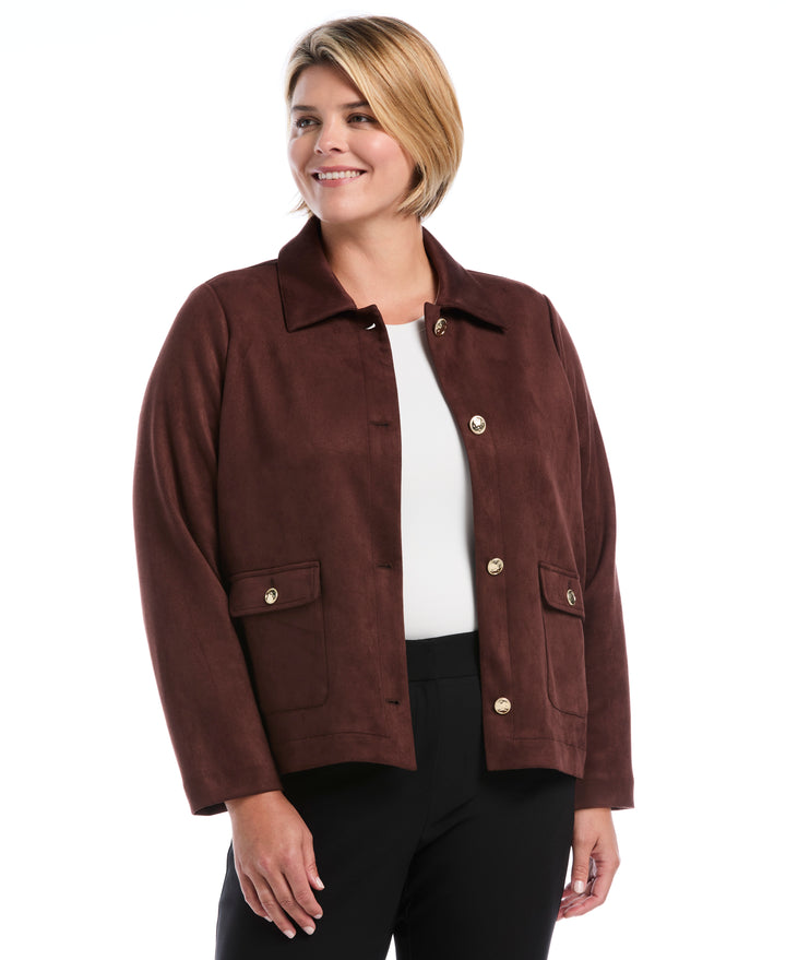 Plus Size Patch Pocket Scuba Suede Jacket (Brown Stone) 