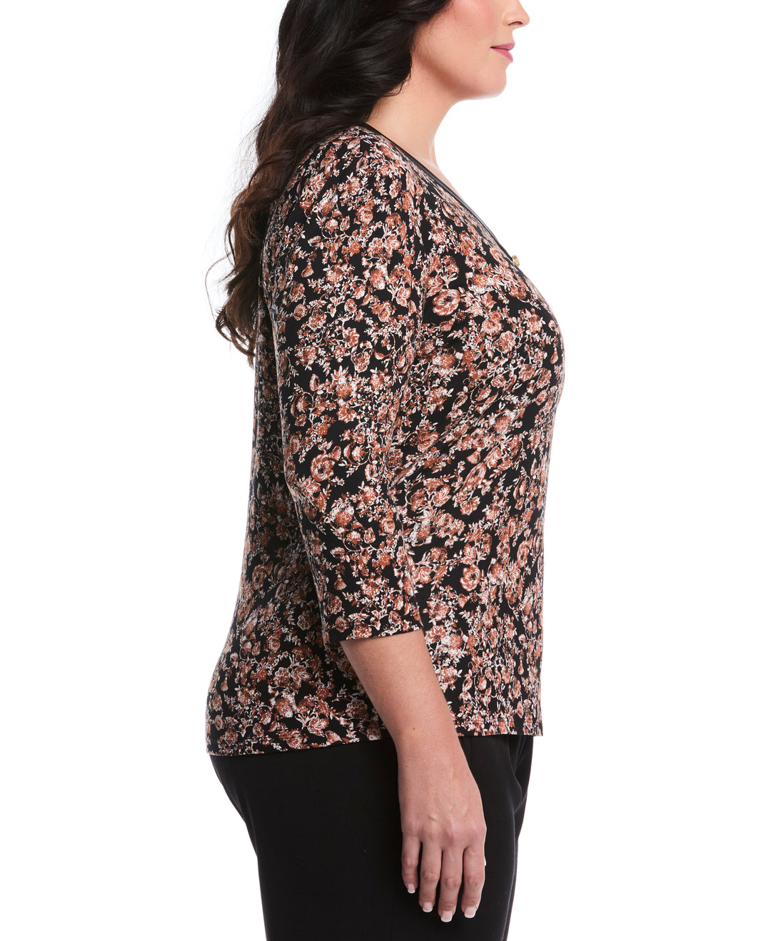 Plus Size Floral Print 3/4 Puff Sleeve V-Neck Top (Black) 