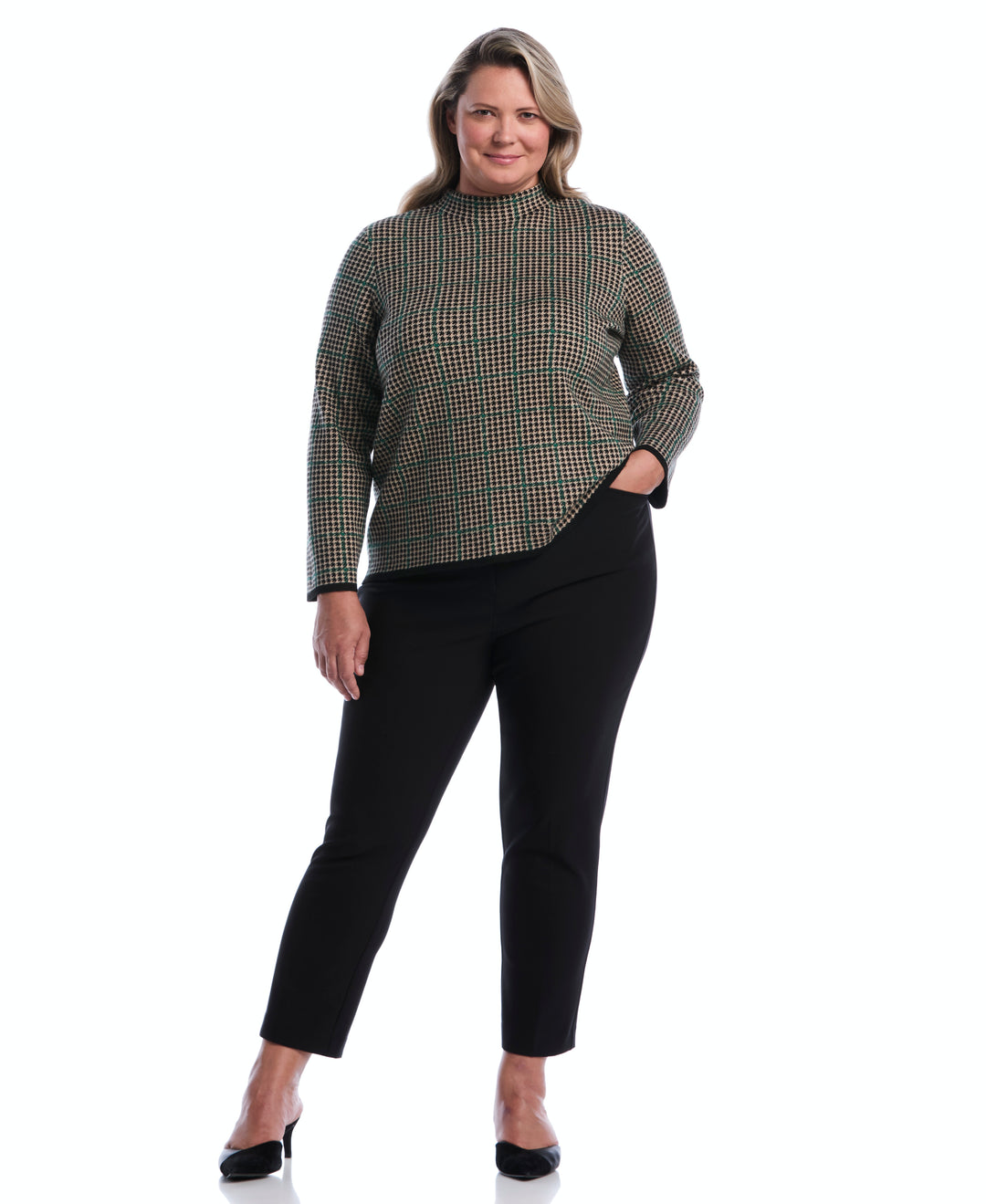 Plus Size Plaid Print Mock Neck Sweater (Irish Cream) 