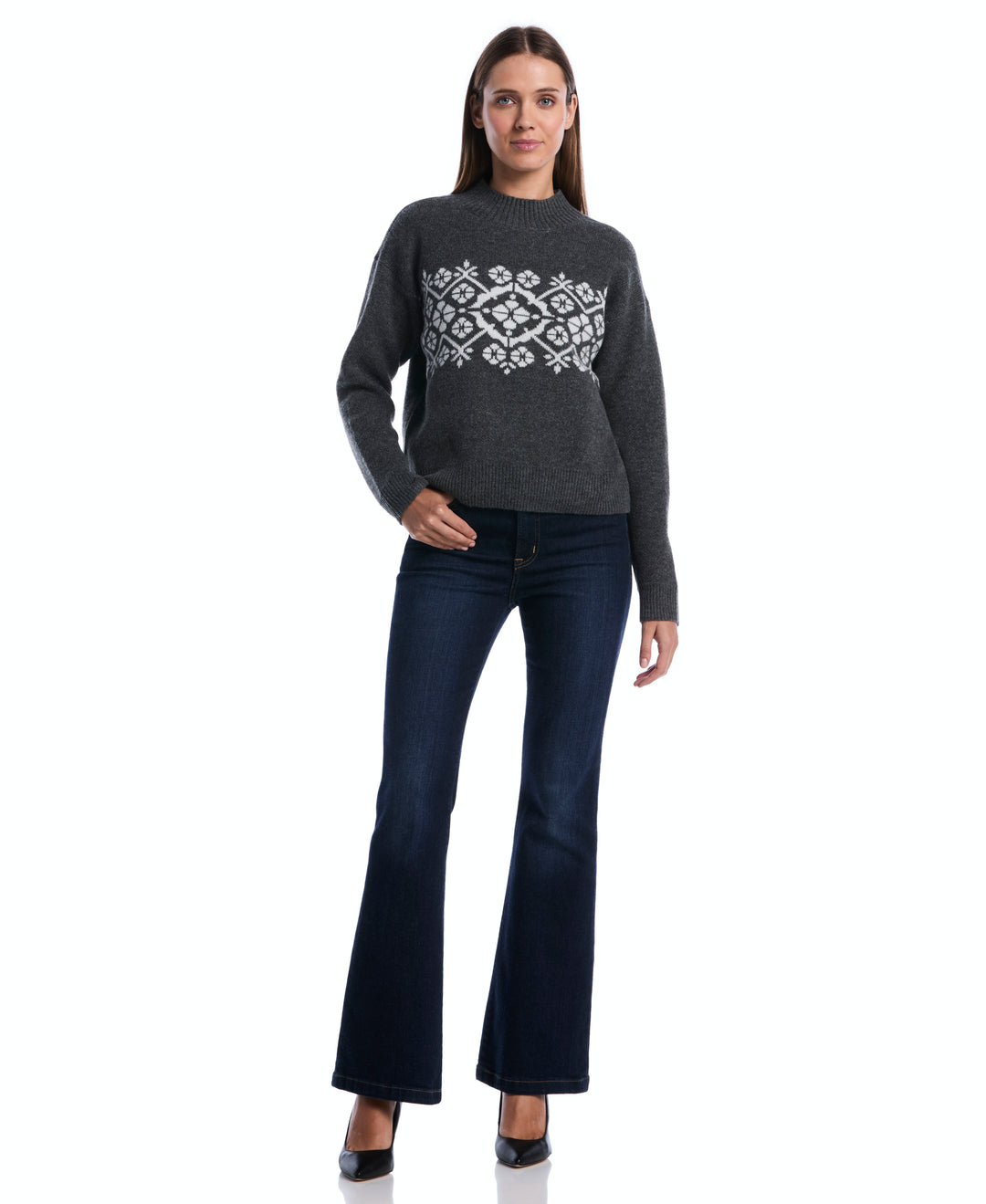 Floral Argyle Mock Neck Sweater (Charcoal) 