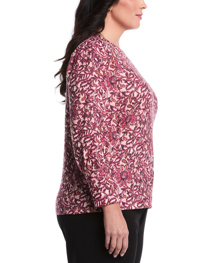 Plus Size Paisley Print Puff Sleeve Crew Neck Top (Beetroot Purple) 