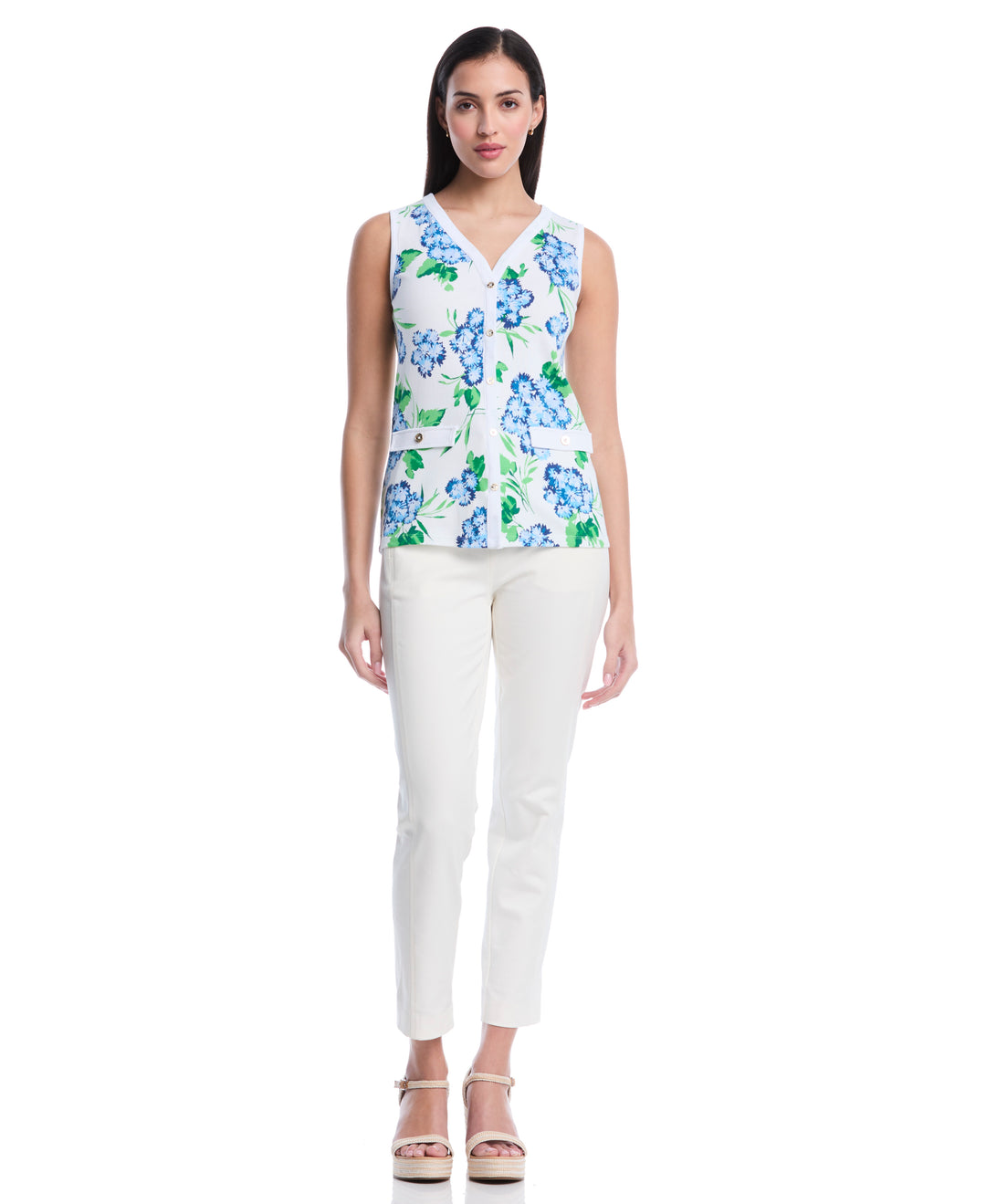 Petite Pom Floral Print Button Front Tank Top (White) 