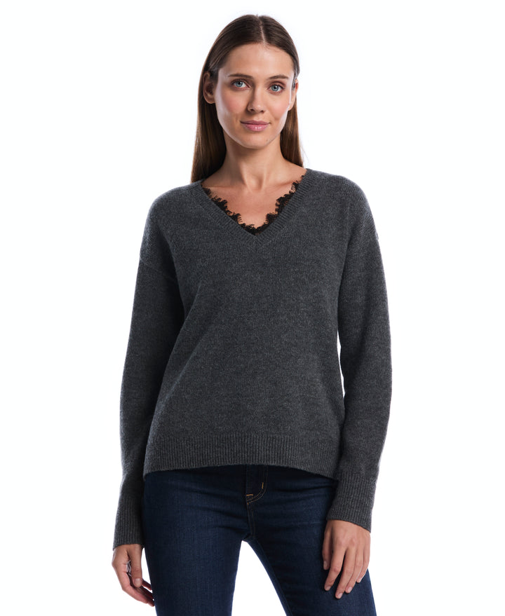 Lace Trim V-Neck Sweater (Charcoal) 