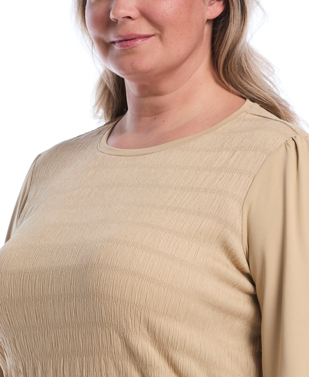 Plus Size Puff Sleeve Crew Neck Top (Oatmeal) 