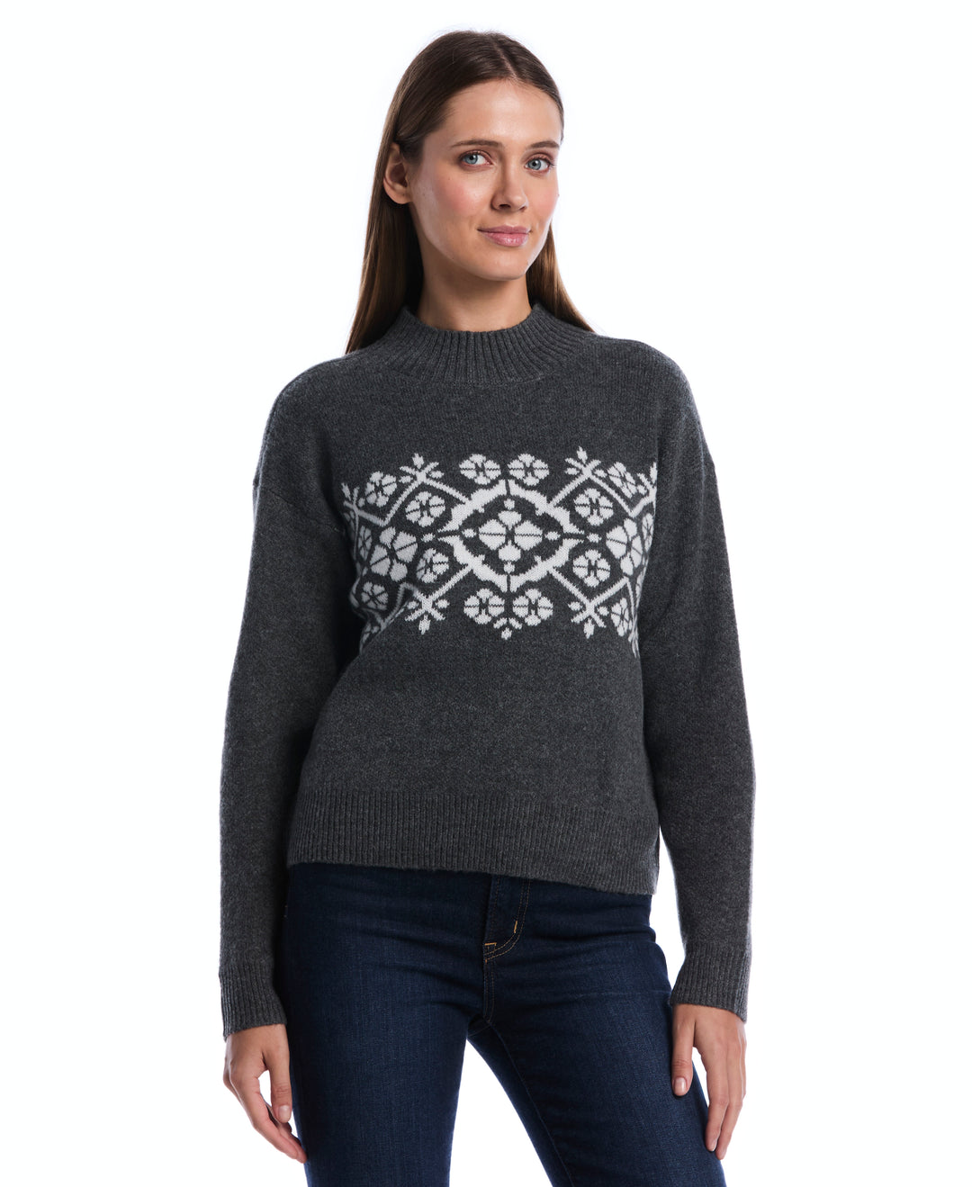 Floral Argyle Mock Neck Sweater (Charcoal) 