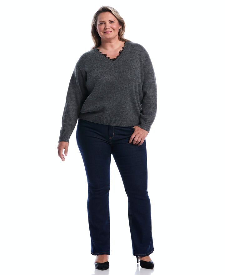 Plus Size Lace Trim V-Neck Sweater (Charcoal) 