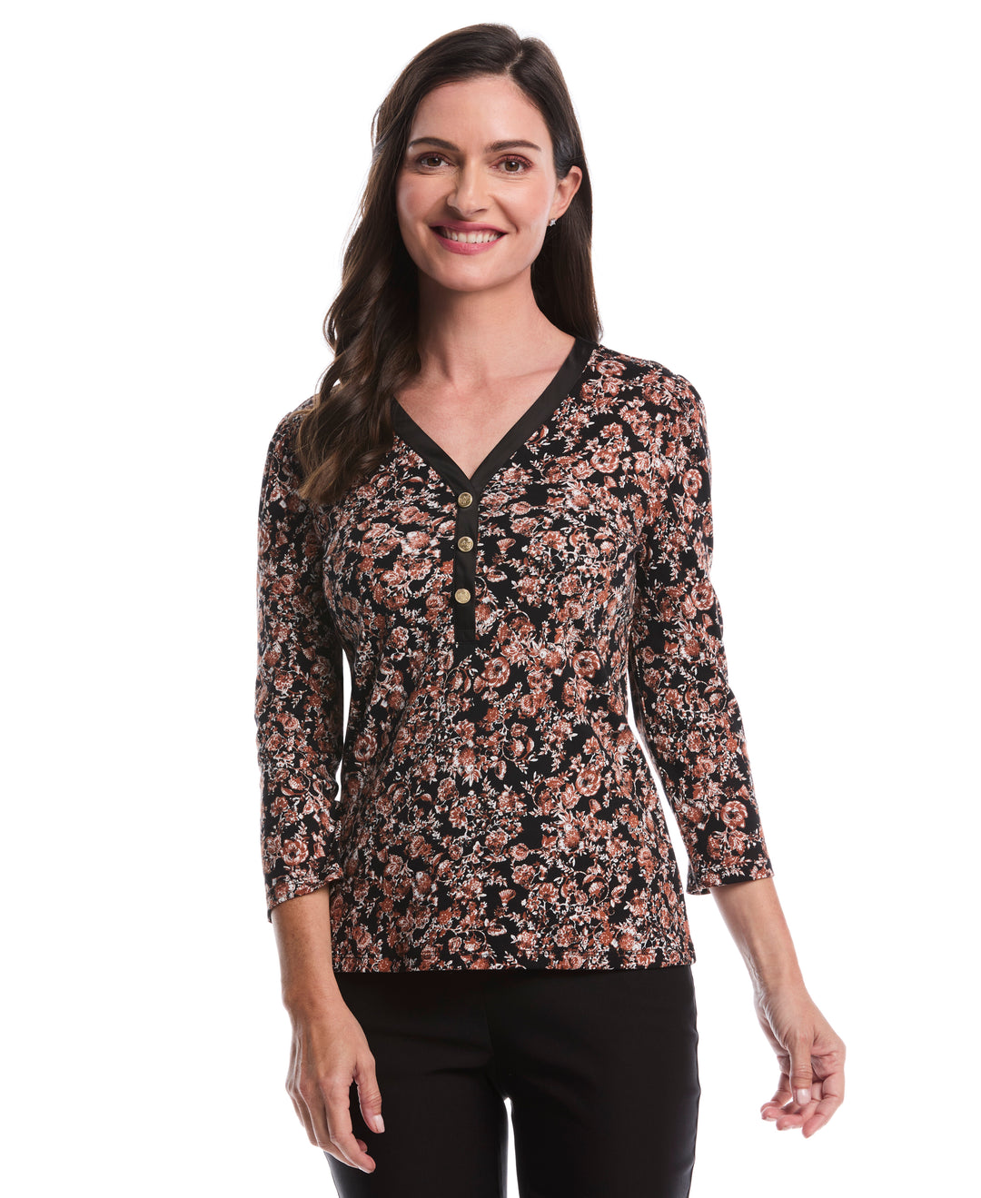 Floral Print 3/4 Puff Sleeve V-Neck Top (Black) 