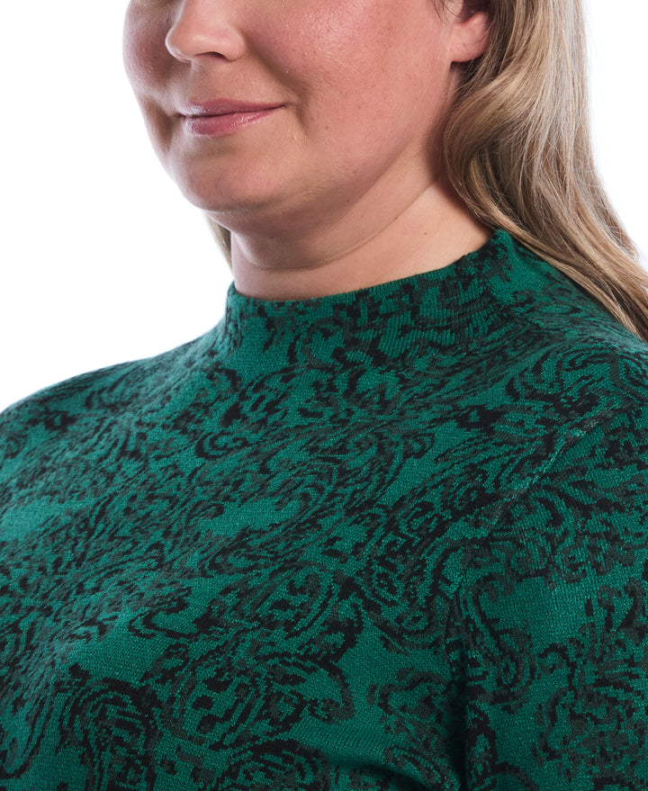 Plus Size Floral Paisley Print Mock Neck Sweater (Ultramarine Green) 