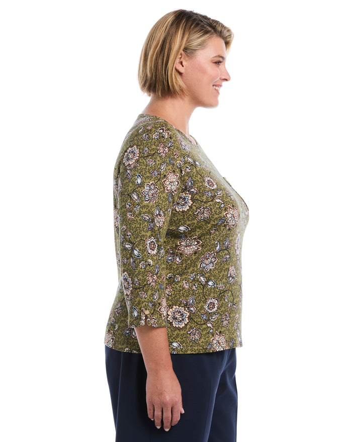 Plus Size Floral Print Button Trim Top (Dried Herb) 