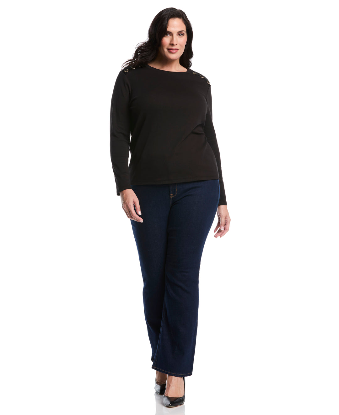 Plus Size Laced Crew Neck Top (Black) 