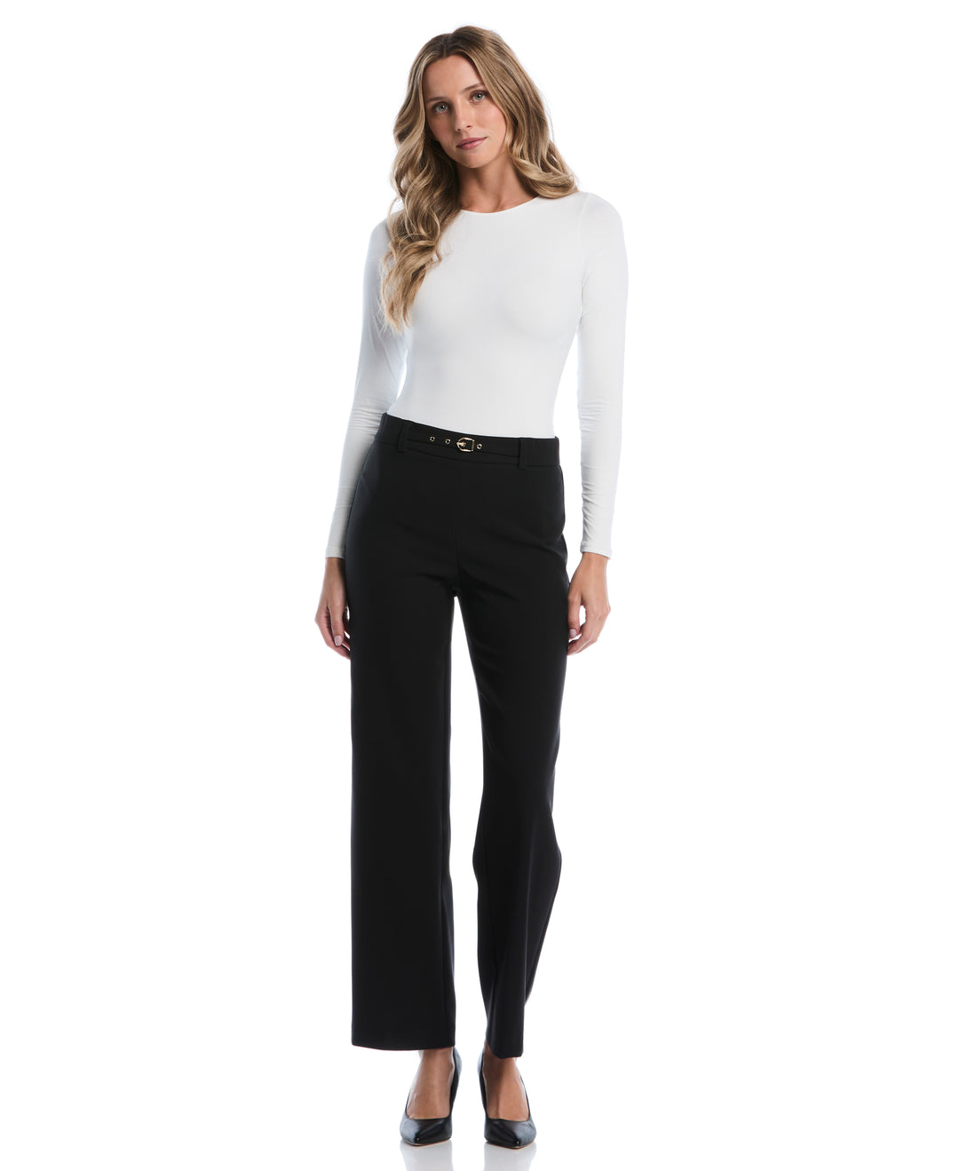 Petite Wide Leg Novelty Belt Pant (Black) 