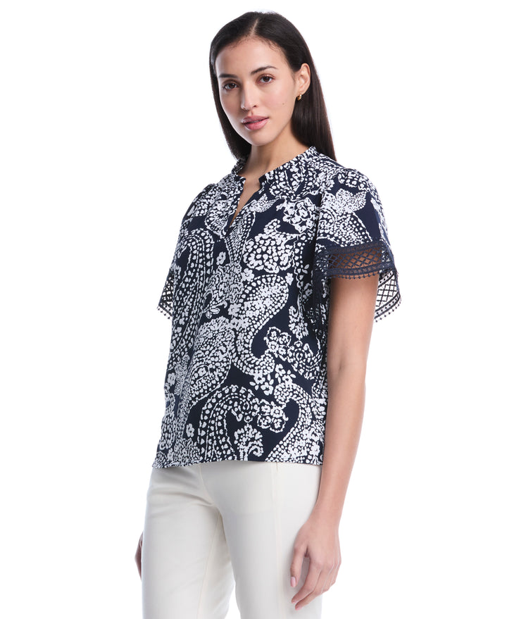 Petite Paisley Print Flutter Lace Sleeve Blouse (Peacoat) 