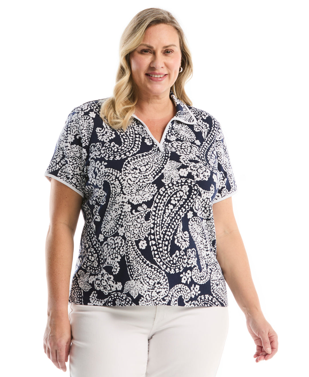 Plus Size Paisley Print Contrast Trim Johnny Collar Polo (Peacoat) 