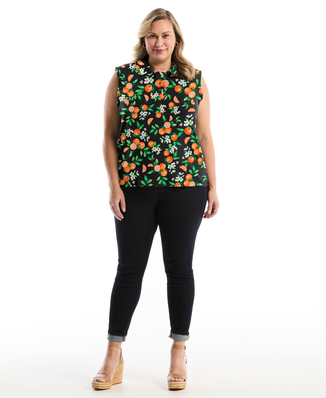 Plus Size Orange Print Ruffle Trim Polo (Nectarine) 