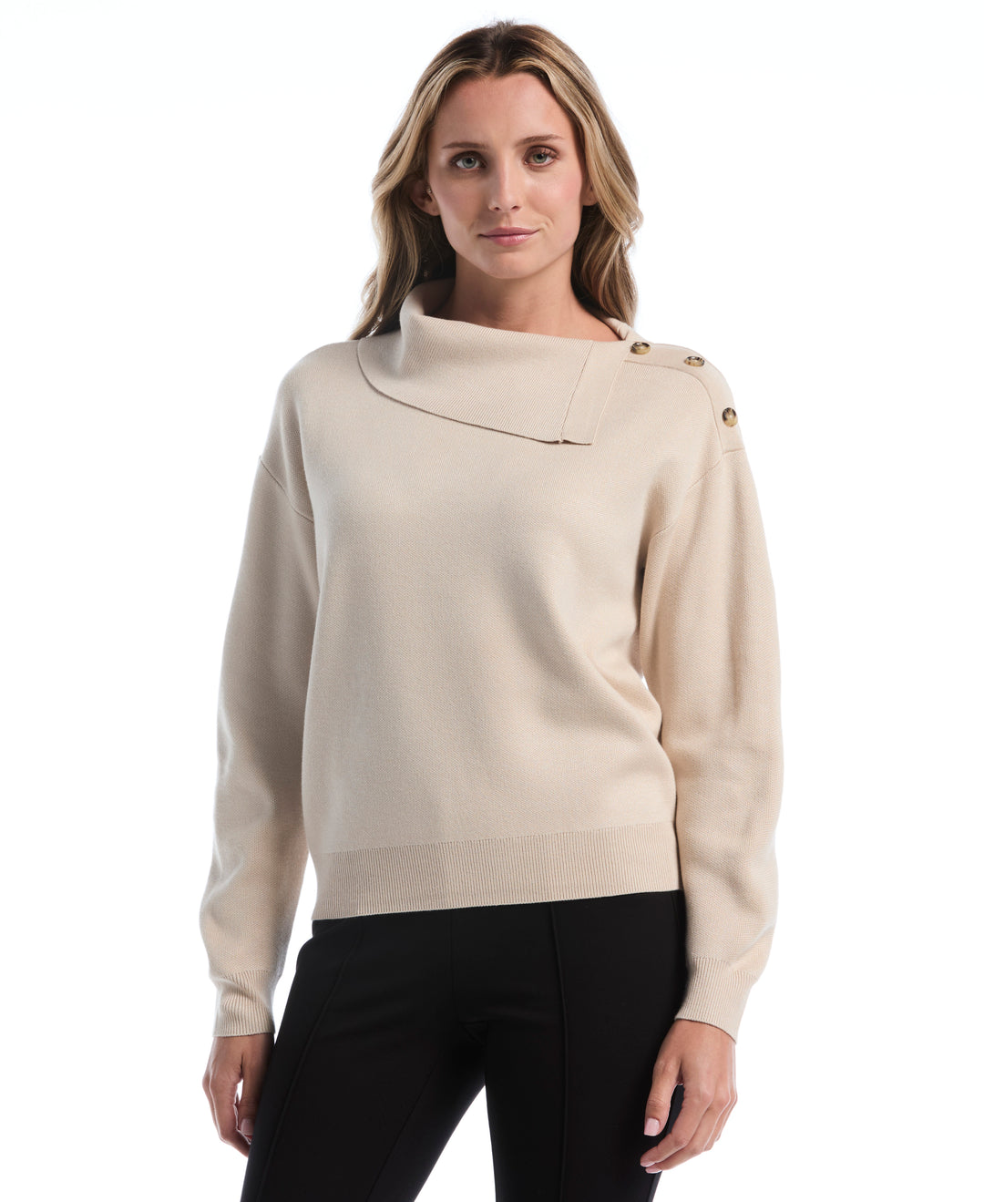 Petite Split Neck Button Detail Sweater (Oatmeal) 